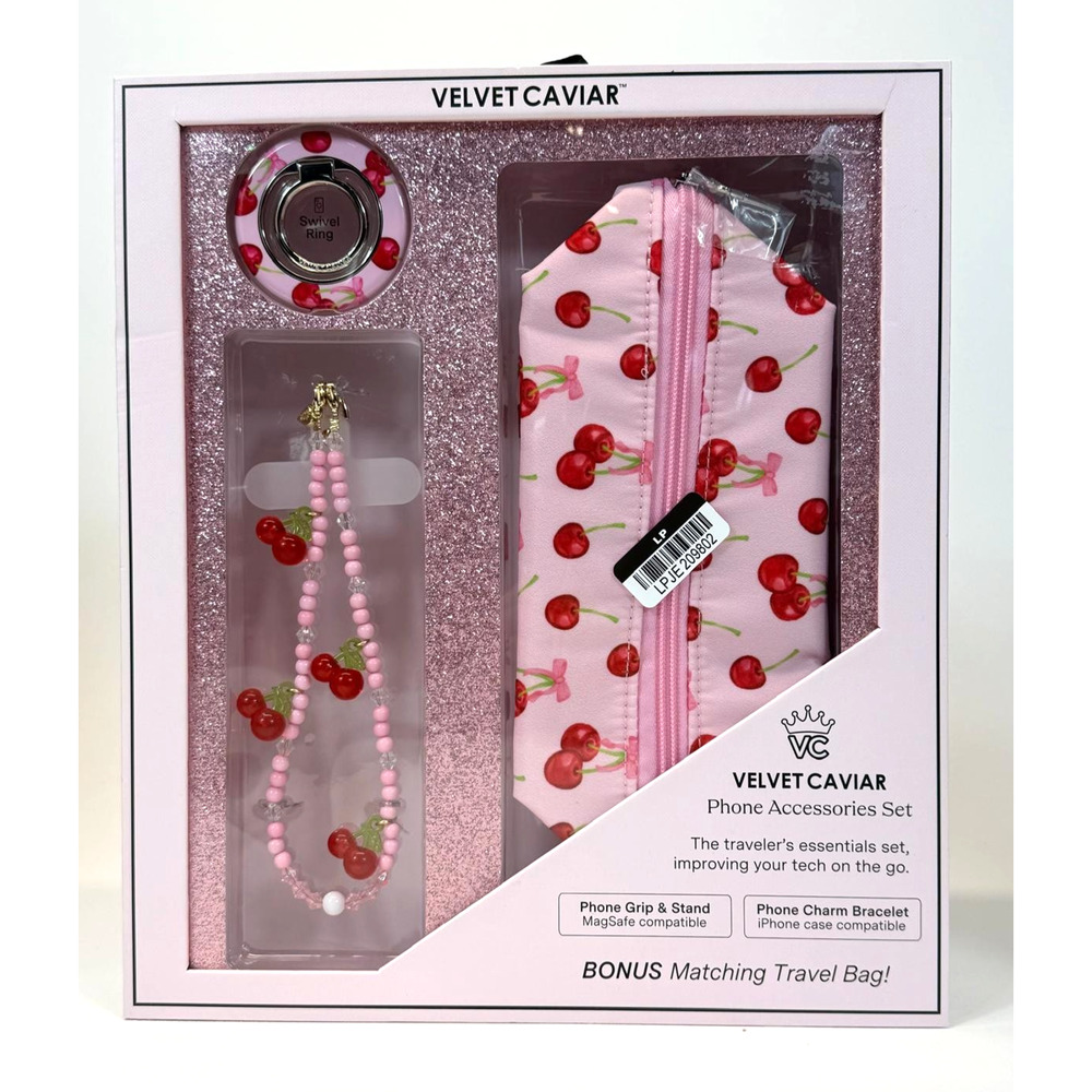 Velvet Caviar Pink Cherry Cell Phone Accessories Set Travel Bag Grip  Bracelet